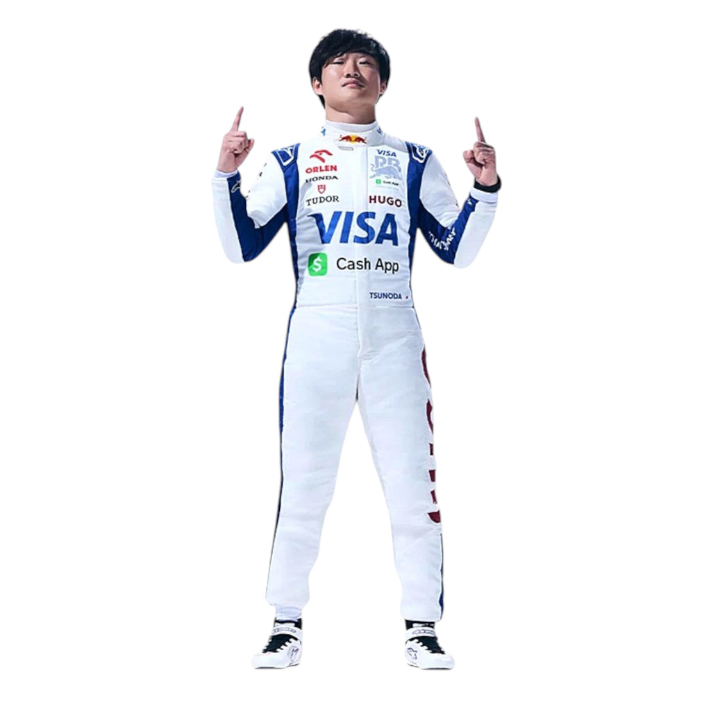 2024 Racing Bulls Formula 1 suit design in white with deep blue side sections and red accent details associated with Yuki Tsunoda
