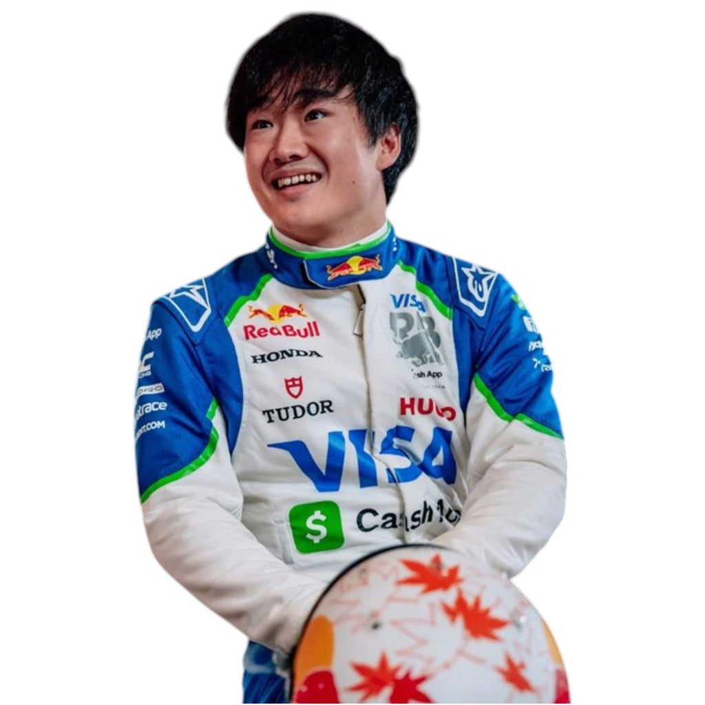 White 2025 Visa Cash App RB Formula 1 race suit with royal blue panels and neon green accents inspired by Yuki Tsunoda