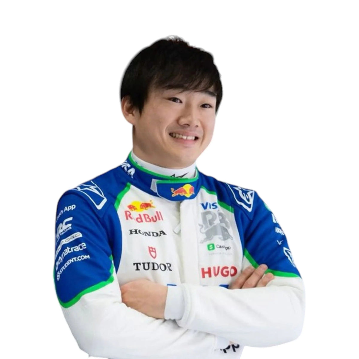White 2025 Visa Cash App RB Formula 1 race suit with royal blue panels and neon green accents inspired by Yuki Tsunodaelements