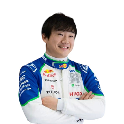 White 2025 Visa Cash App RB Formula 1 race suit with royal blue panels and neon green accents inspired by Yuki Tsunodaelements
