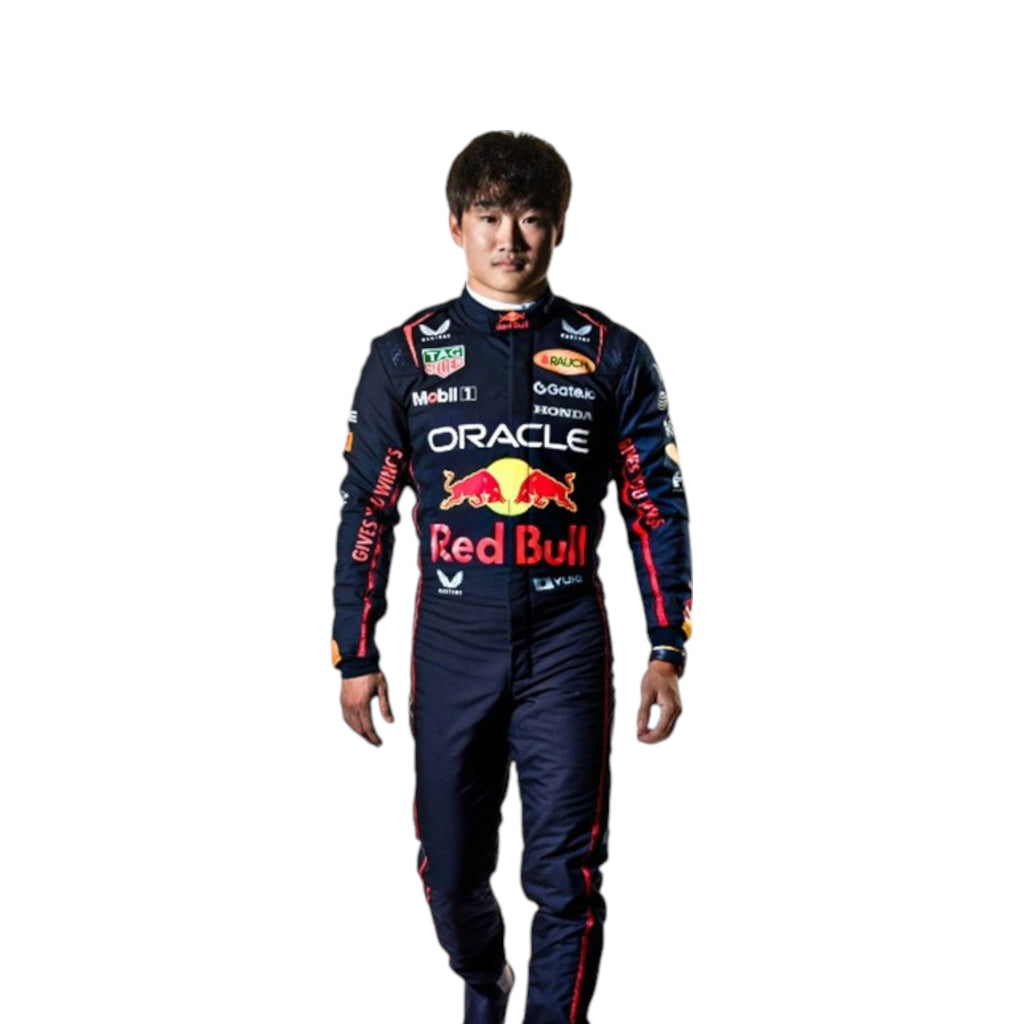 Yuki Tsunoda 2025 Red Bull F1 race suit in navy blue with Red Bull and sponsor branding
