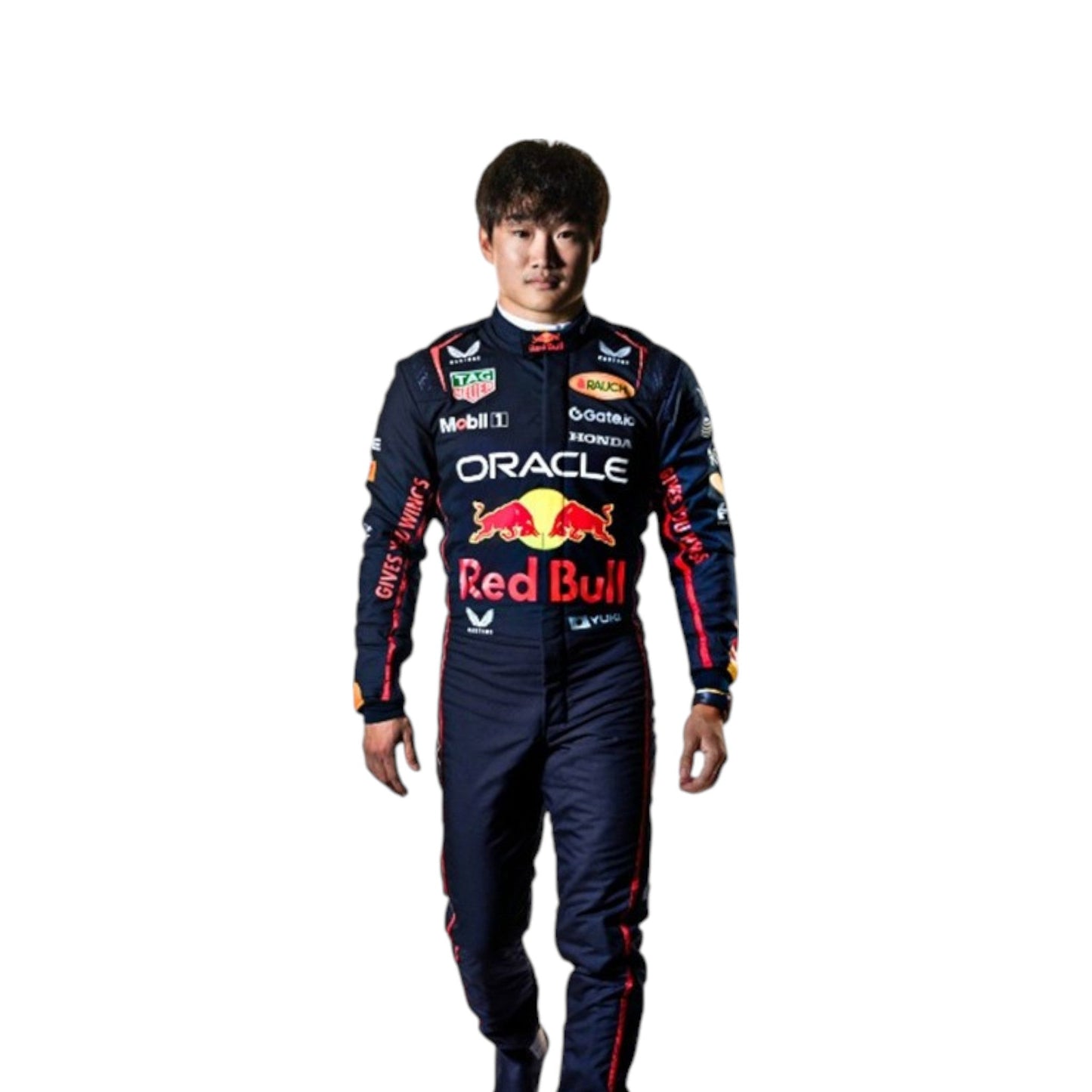 Yuki Tsunoda 2025 Red Bull F1 race suit in navy blue with Red Bull and sponsor branding