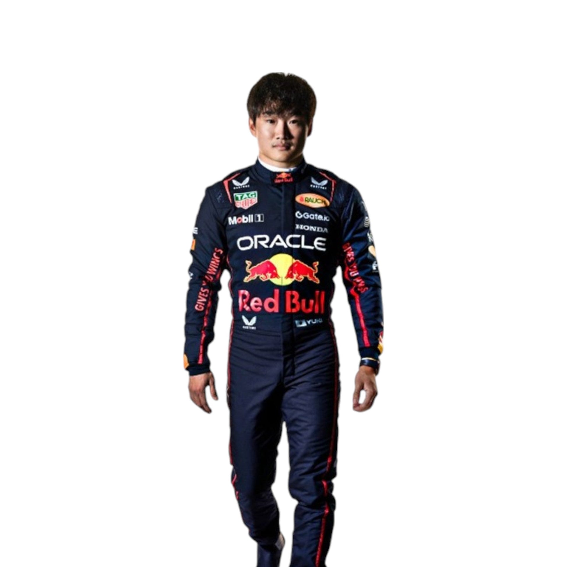 Yuki Tsunoda 2025 Red Bull F1 race suit in navy blue with Red Bull and sponsor branding