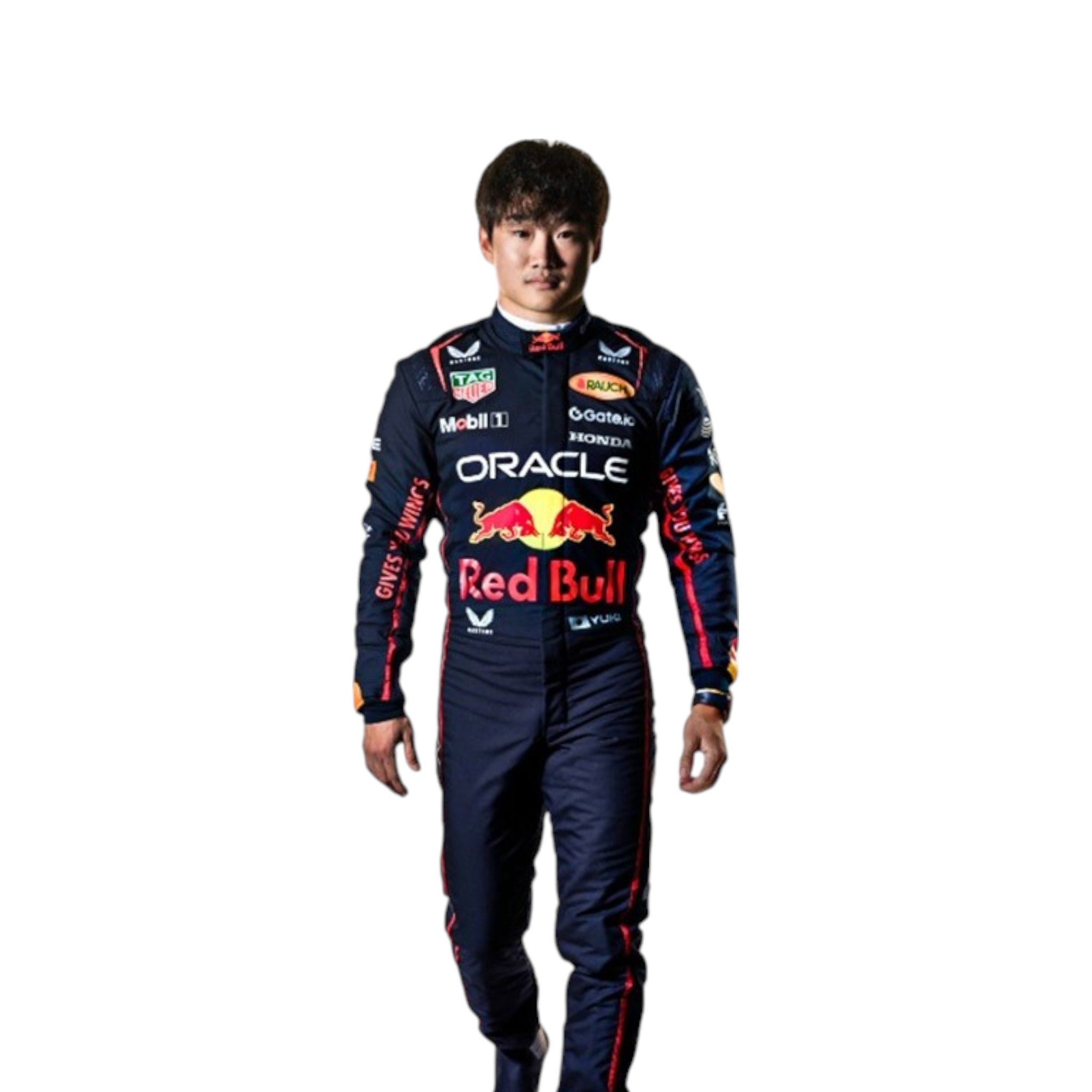 Yuki Tsunoda 2025 Red Bull F1 race suit in navy blue with Red Bull and sponsor branding