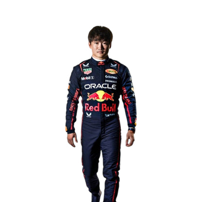 Yuki Tsunoda 2025 Red Bull F1 race suit in navy blue with Red Bull and sponsor branding