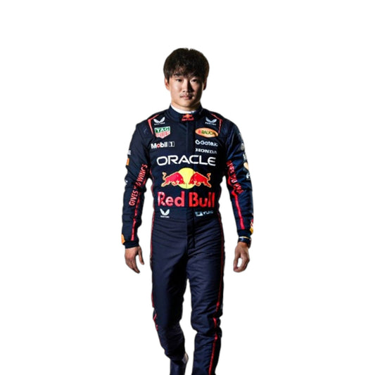 Yuki Tsunoda 2025 Red Bull F1 race suit in navy blue with Red Bull and sponsor branding
