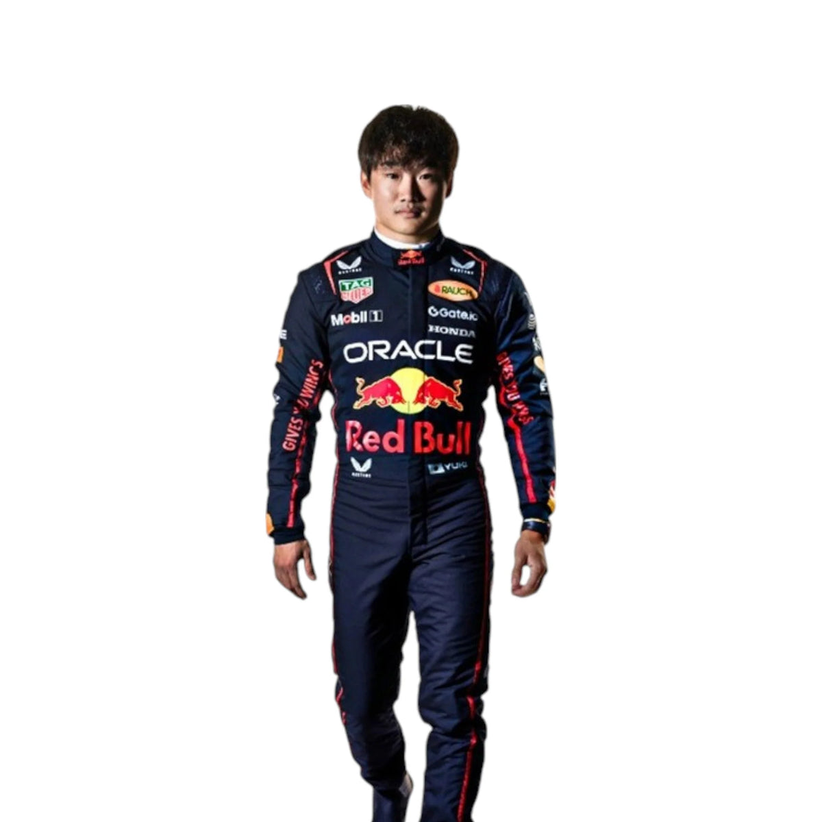 Yuki Tsunoda 2025 Red Bull F1 race suit in navy blue with Red Bull and sponsor branding