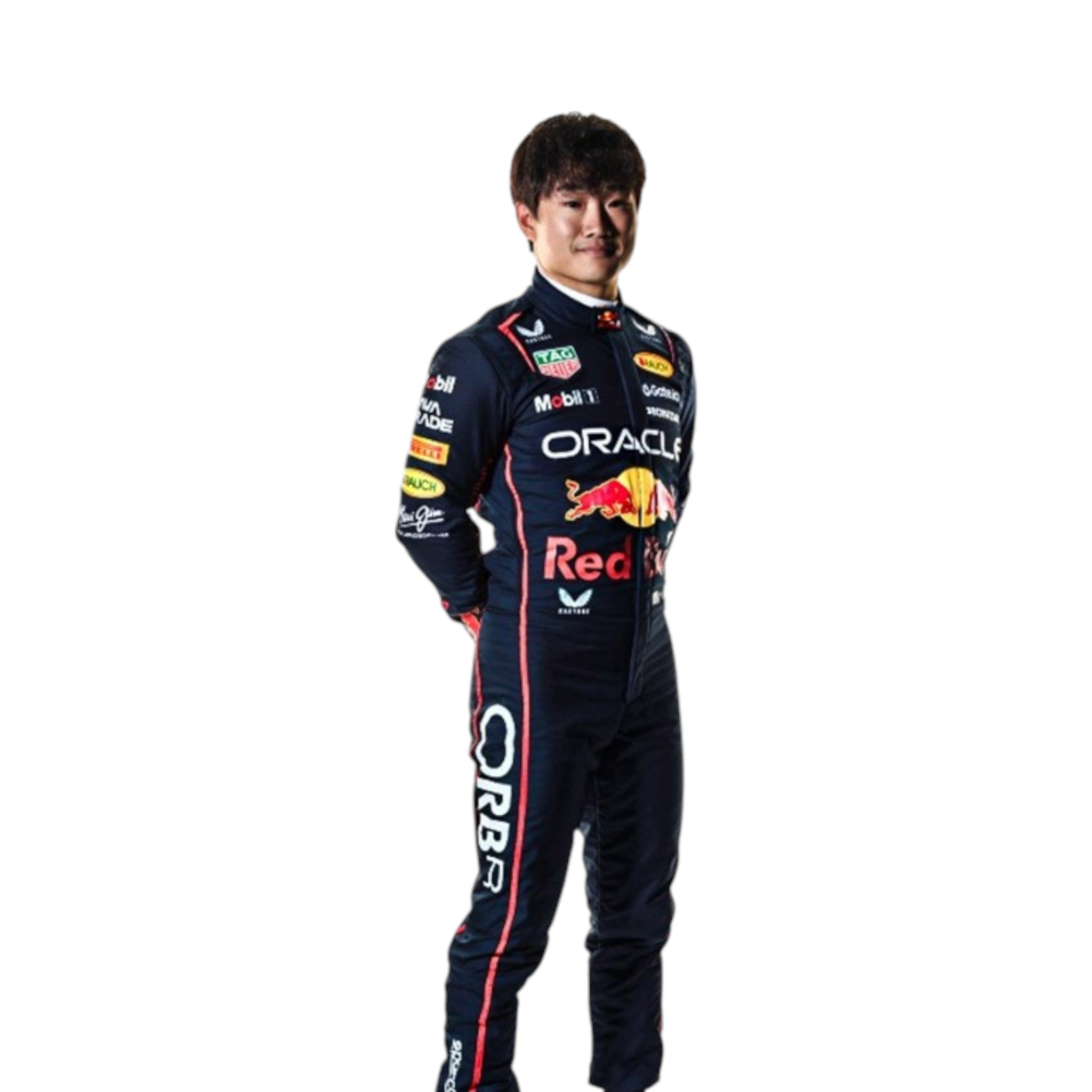 Yuki Tsunoda 2025 Red Bull F1 race suit in navy blue with Red Bull and sponsor branding