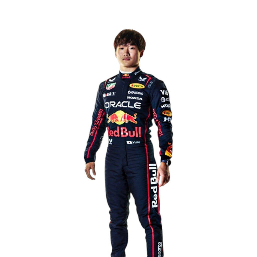 Yuki Tsunoda 2025 Red Bull F1 race suit in navy blue with Red Bull and sponsor branding