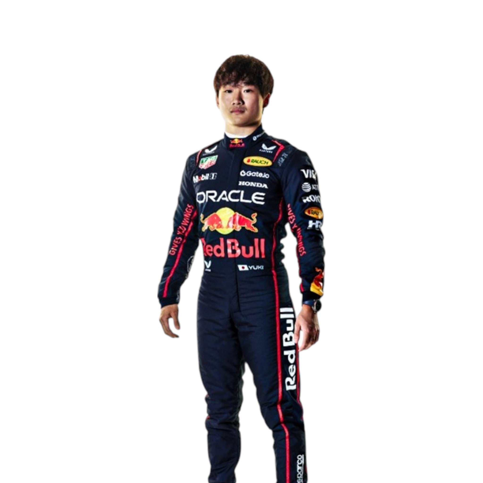 Yuki Tsunoda 2025 Red Bull F1 race suit in navy blue with Red Bull and sponsor branding