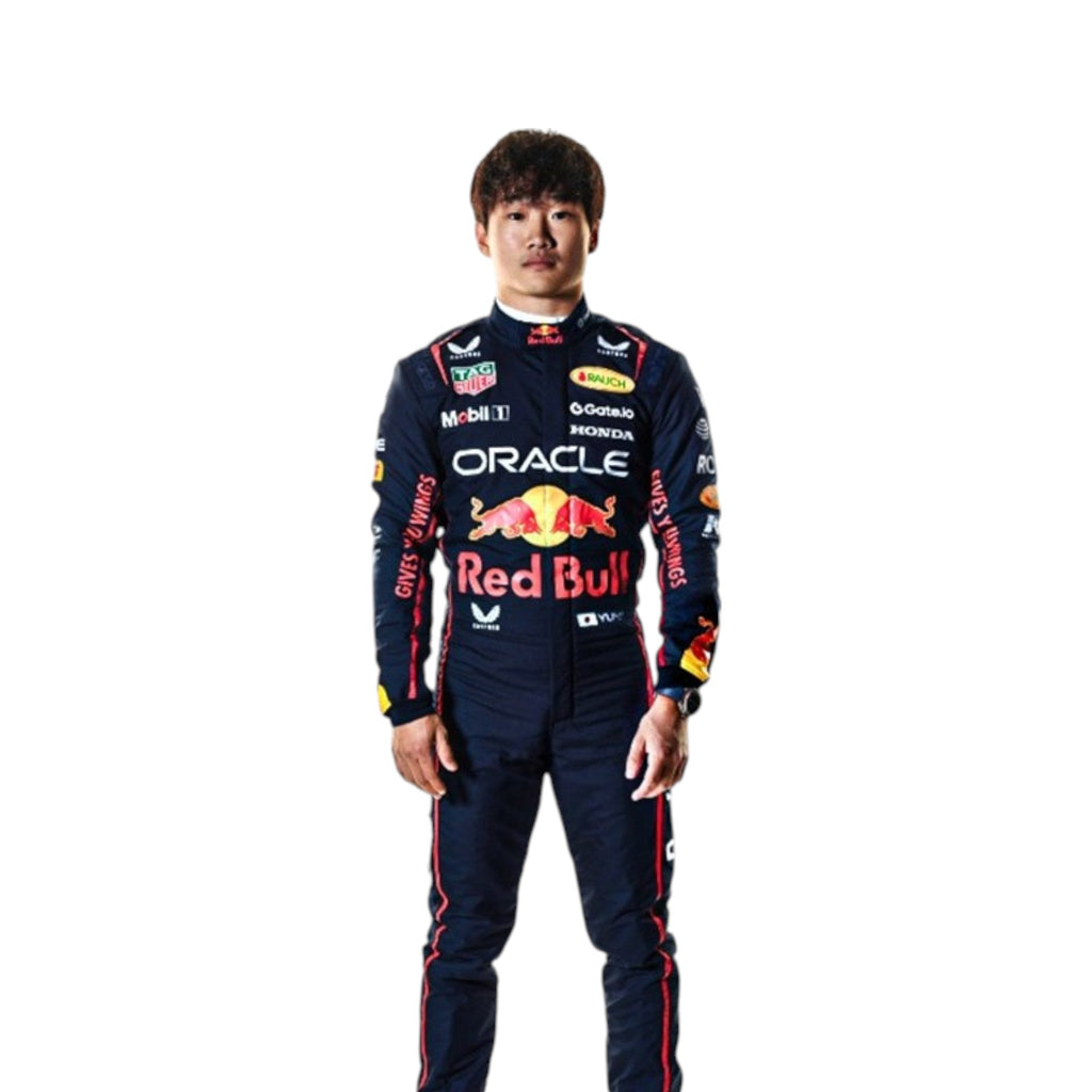 Yuki Tsunoda 2025 Red Bull F1 race suit in navy blue with Red Bull and sponsor branding