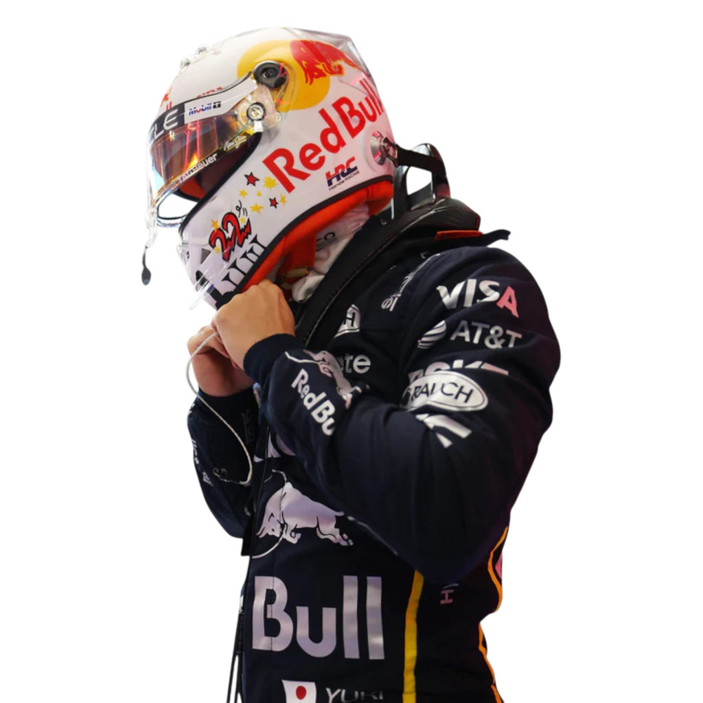 Yuki Tsunoda 2025 Red Bull Las Vegas GP F1 race suit with special Las Vegas themed design and sponsor logos