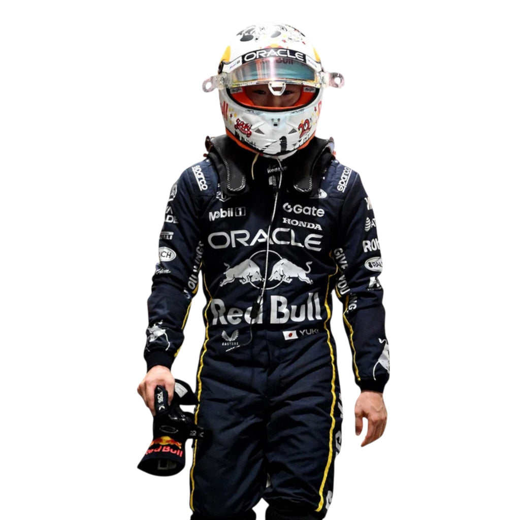 Yuki Tsunoda 2025 Red Bull Las Vegas GP F1 race suit with special Las Vegas themed design and sponsor logos