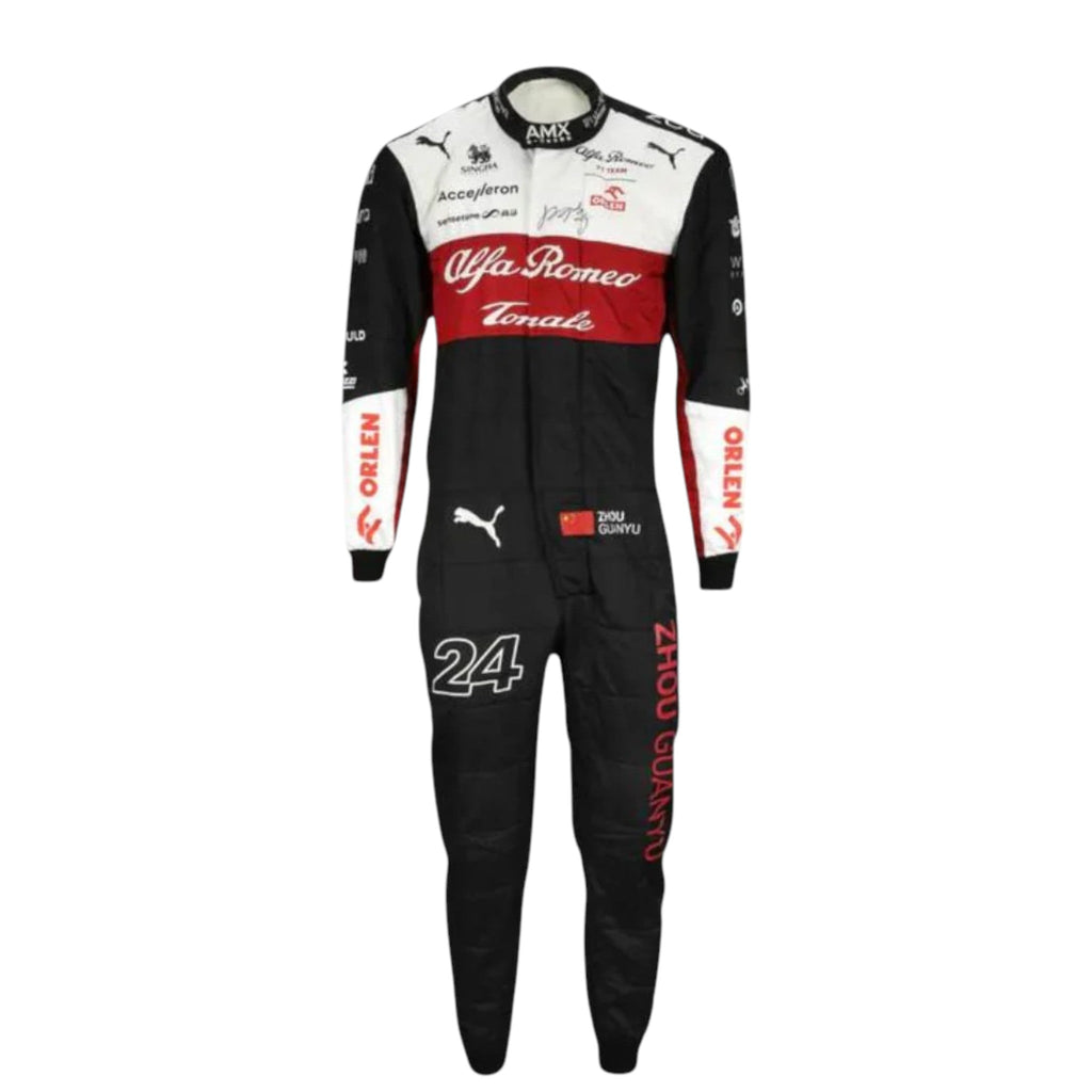 Zhou Guanyu 2022 Alfa Romeo F1 race suit in black with white upper and red chest band and sponsor logos