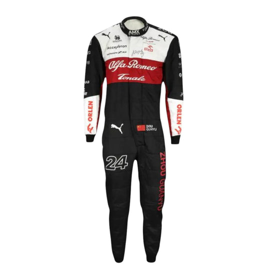 Zhou Guanyu 2022 Alfa Romeo F1 race suit in black with white upper and red chest band and sponsor logos