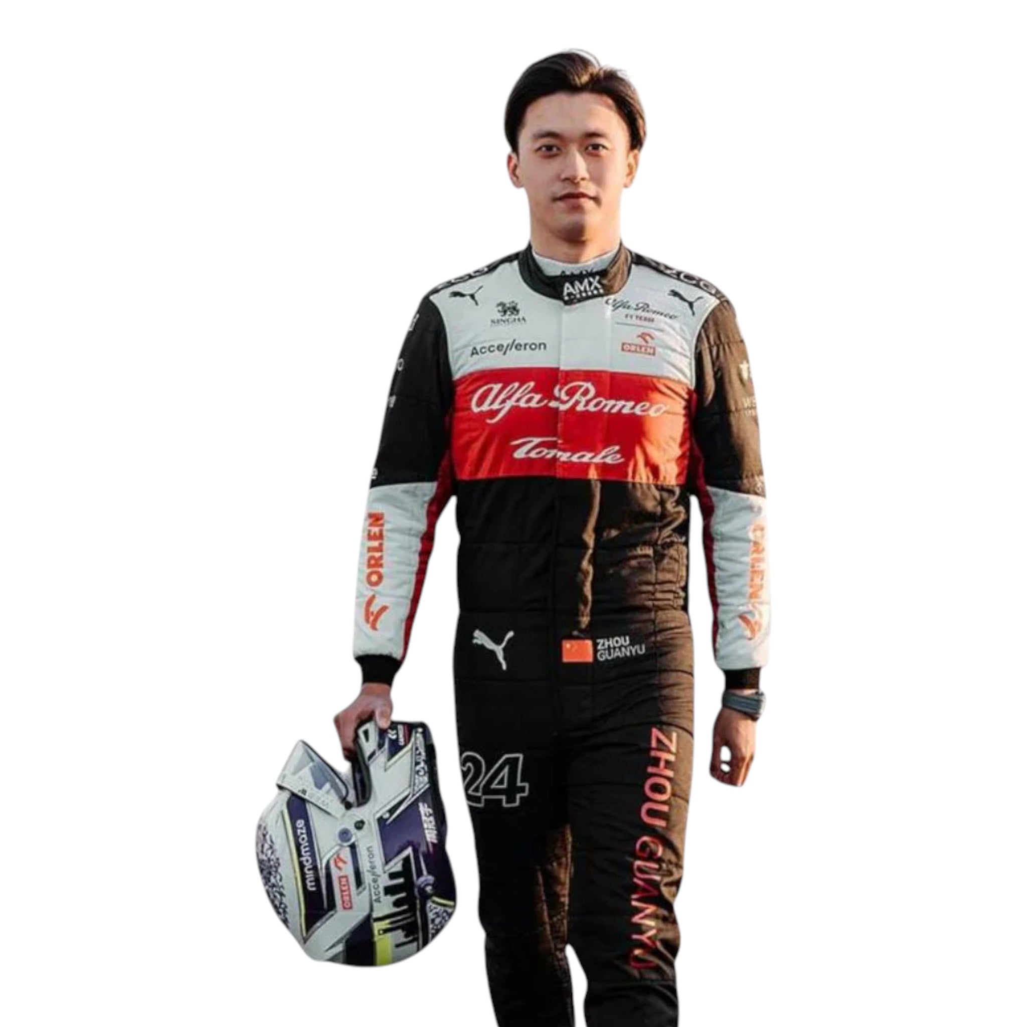 Zhou Guanyu 2022 Alfa Romeo F1 race suit in black with white upper and red chest band and sponsor logos