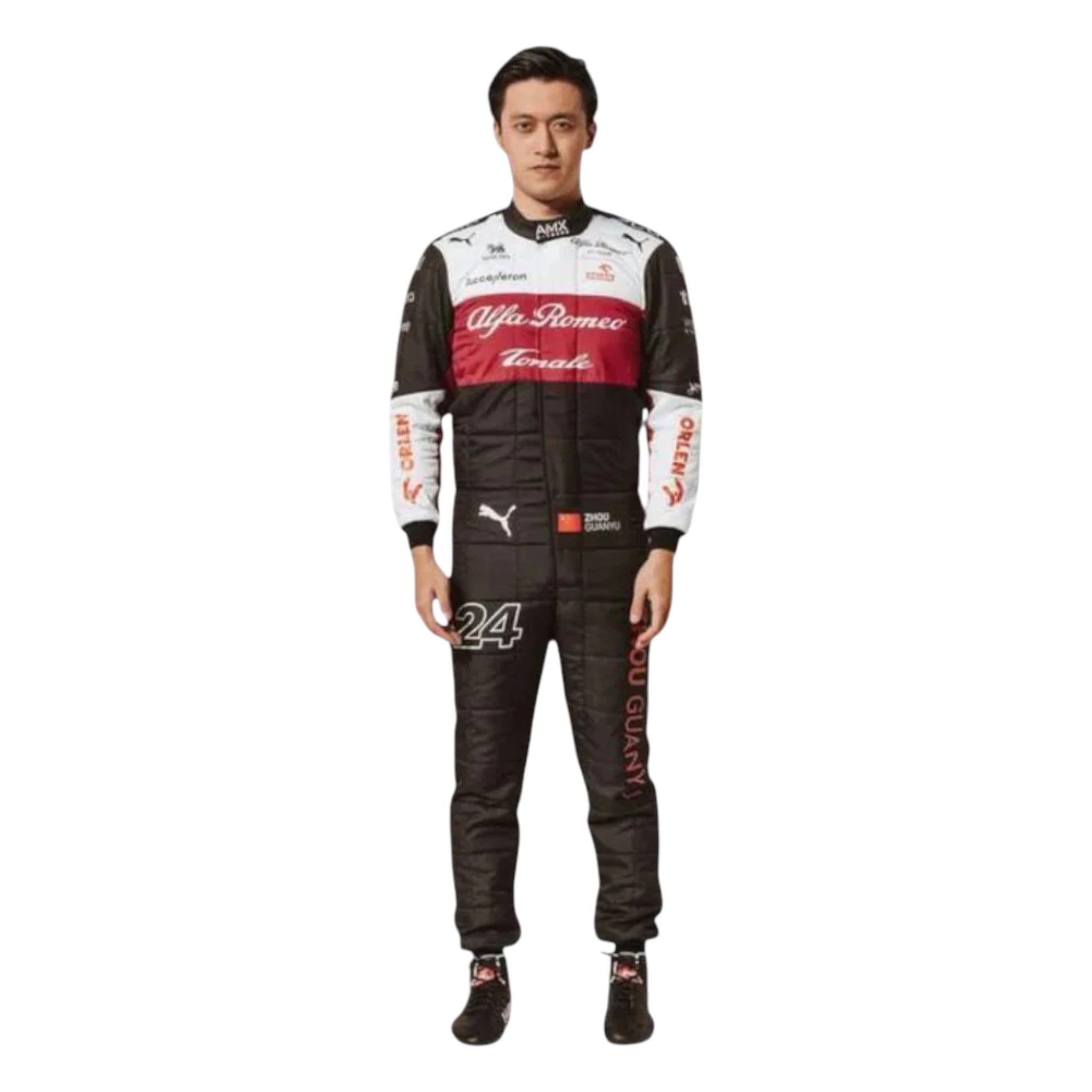 Zhou Guanyu 2022 Alfa Romeo F1 race suit in black with white upper and red chest band and sponsor logos
