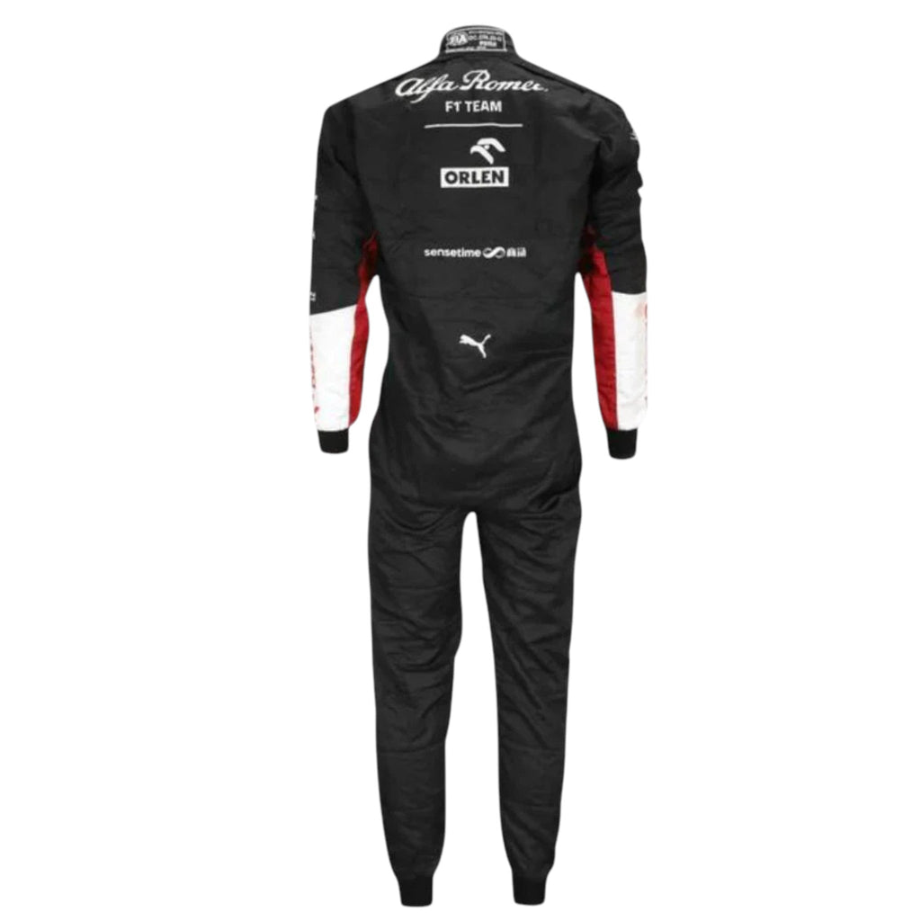 Zhou Guanyu 2022 Alfa Romeo F1 race suit in black with white upper and red chest band and sponsor logos