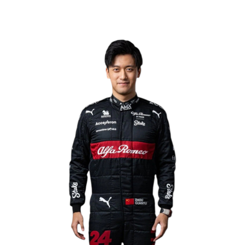 Zhou Guanyu 2023 Alfa Romeo Formula 1 red and black race suit with sponsor branding and detailed stitching