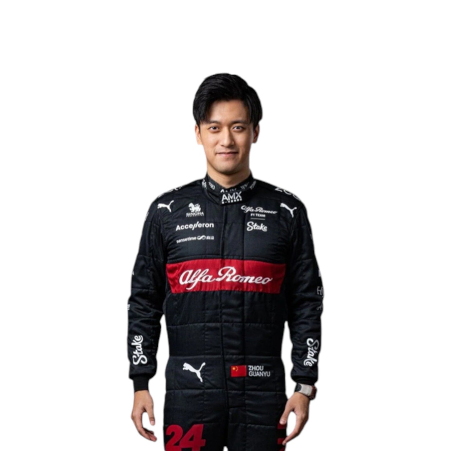 Zhou Guanyu 2023 Alfa Romeo Formula 1 red and black race suit with sponsor branding and detailed stitching