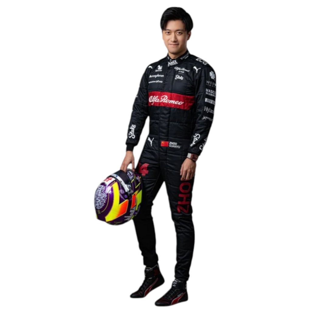 Zhou Guanyu 2023 Alfa Romeo Formula 1 red and black race suit with sponsor branding and detailed stitching