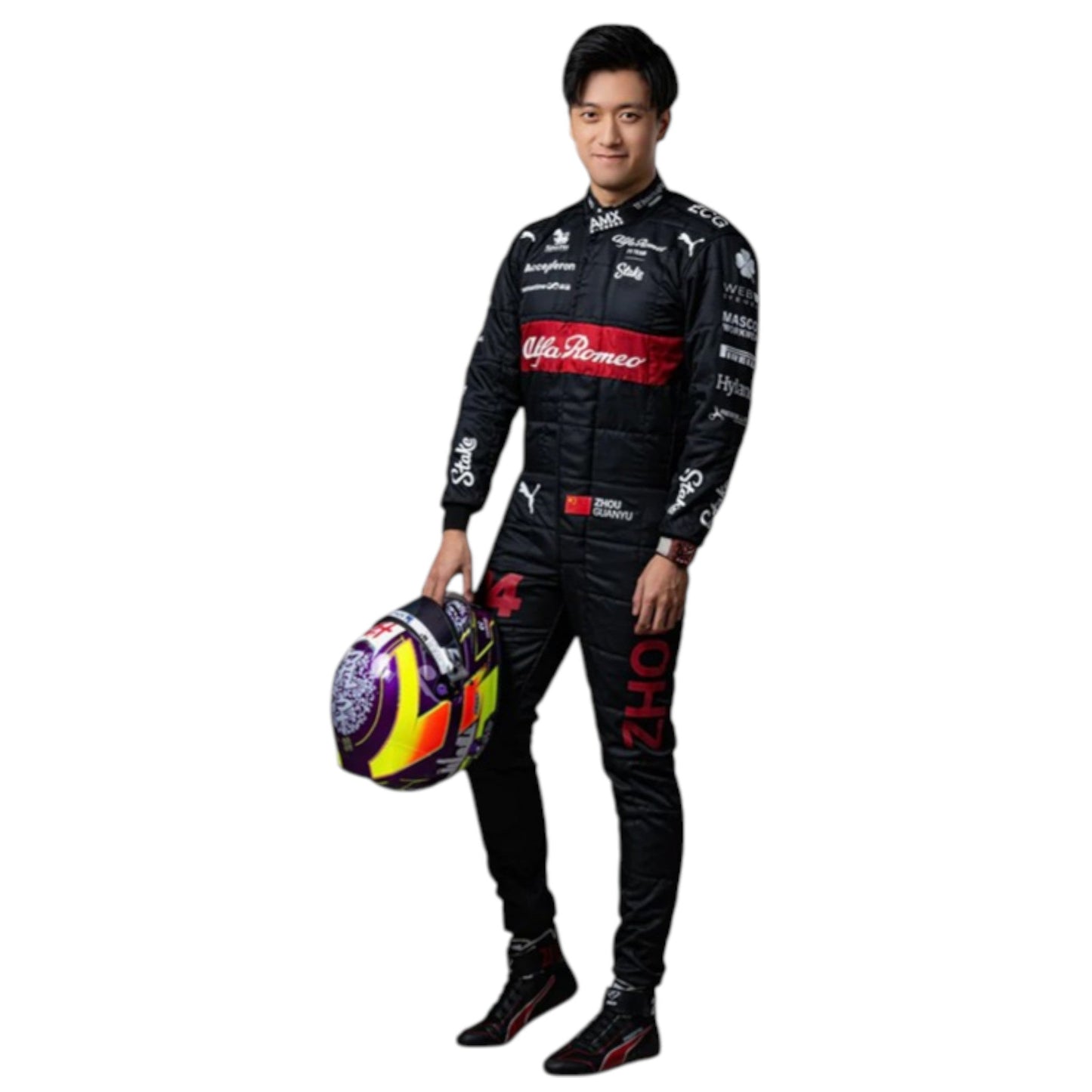 Zhou Guanyu 2023 Alfa Romeo Formula 1 red and black race suit with sponsor branding and detailed stitching