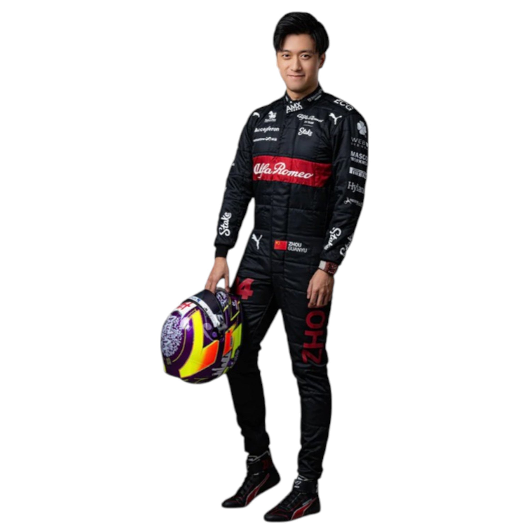 Zhou Guanyu 2023 Alfa Romeo Formula 1 red and black race suit with sponsor branding and detailed stitching