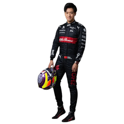 Zhou Guanyu 2023 Alfa Romeo Formula 1 red and black race suit with sponsor branding and detailed stitching