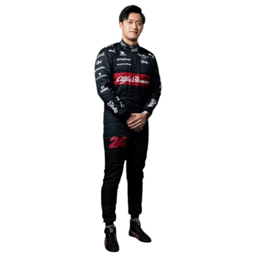 Zhou Guanyu 2023 Alfa Romeo Formula 1 red and black race suit with sponsor branding and detailed stitching