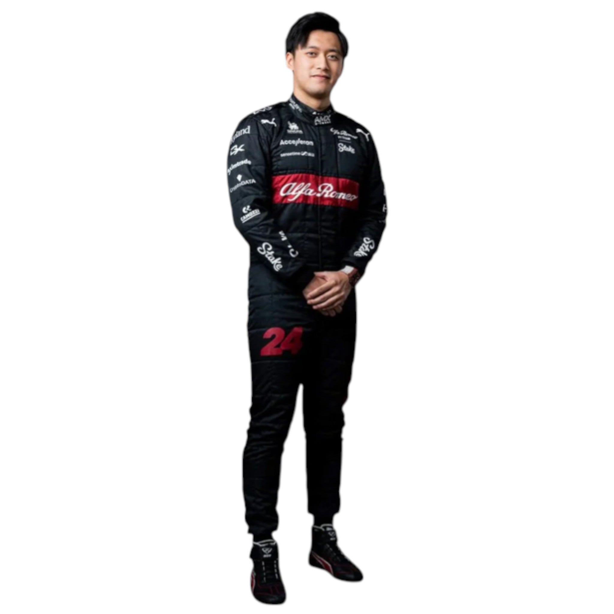 Zhou Guanyu 2023 Alfa Romeo Formula 1 red and black race suit with sponsor branding and detailed stitching