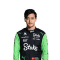 Zhou Guanyu 2024 Kick Sauber Formula 1 green and black race suit with sponsor logos and team detailing
