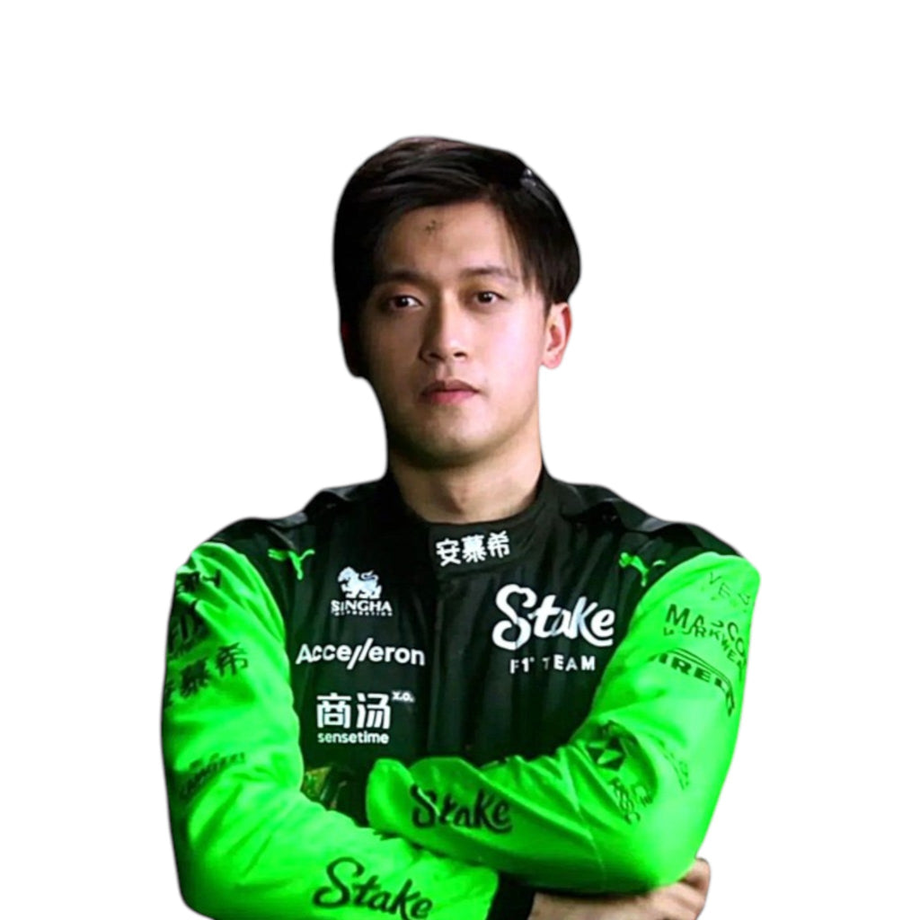 Zhou Guanyu 2024 Kick Sauber Formula 1 green and black race suit with sponsor logos and team detailing